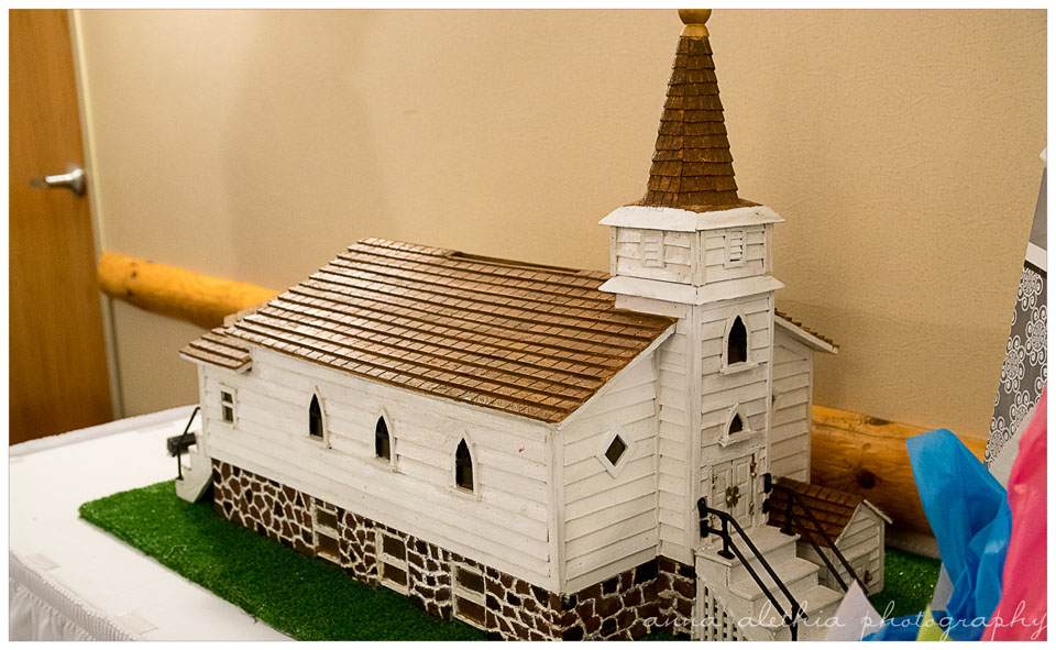 The bride's grandfather built this card box as an exact replica of the church. 